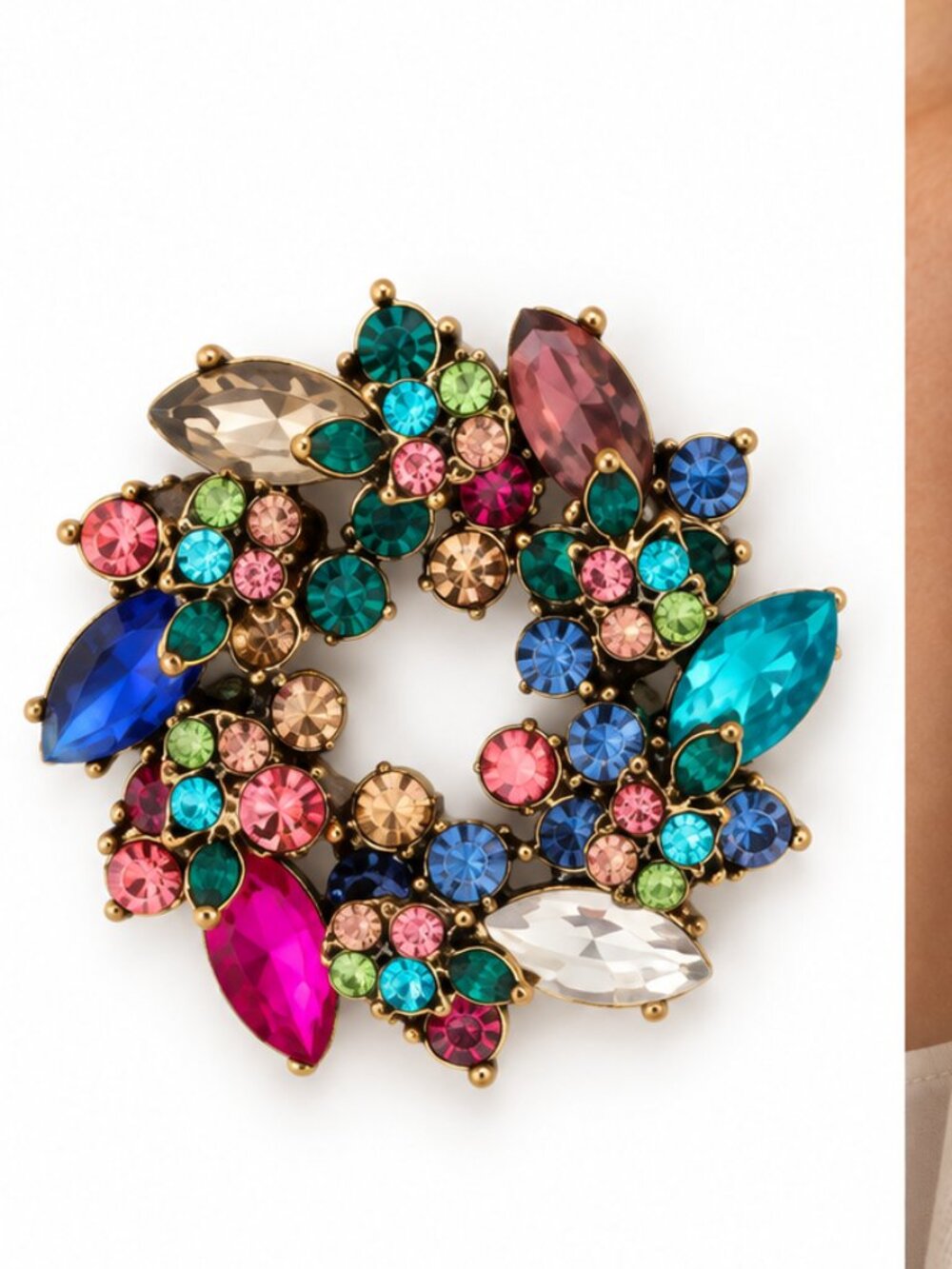 Multicolor Rhinestone Statement Brooch | Gold Tone - Picture 2 of 2